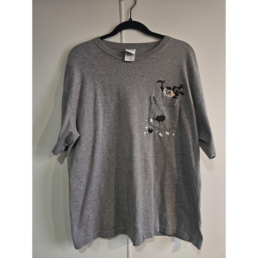 Vintage Looney Tunes Taz Shirt Mens Large Gray Pocket Bowling WB T-Shirt 90s